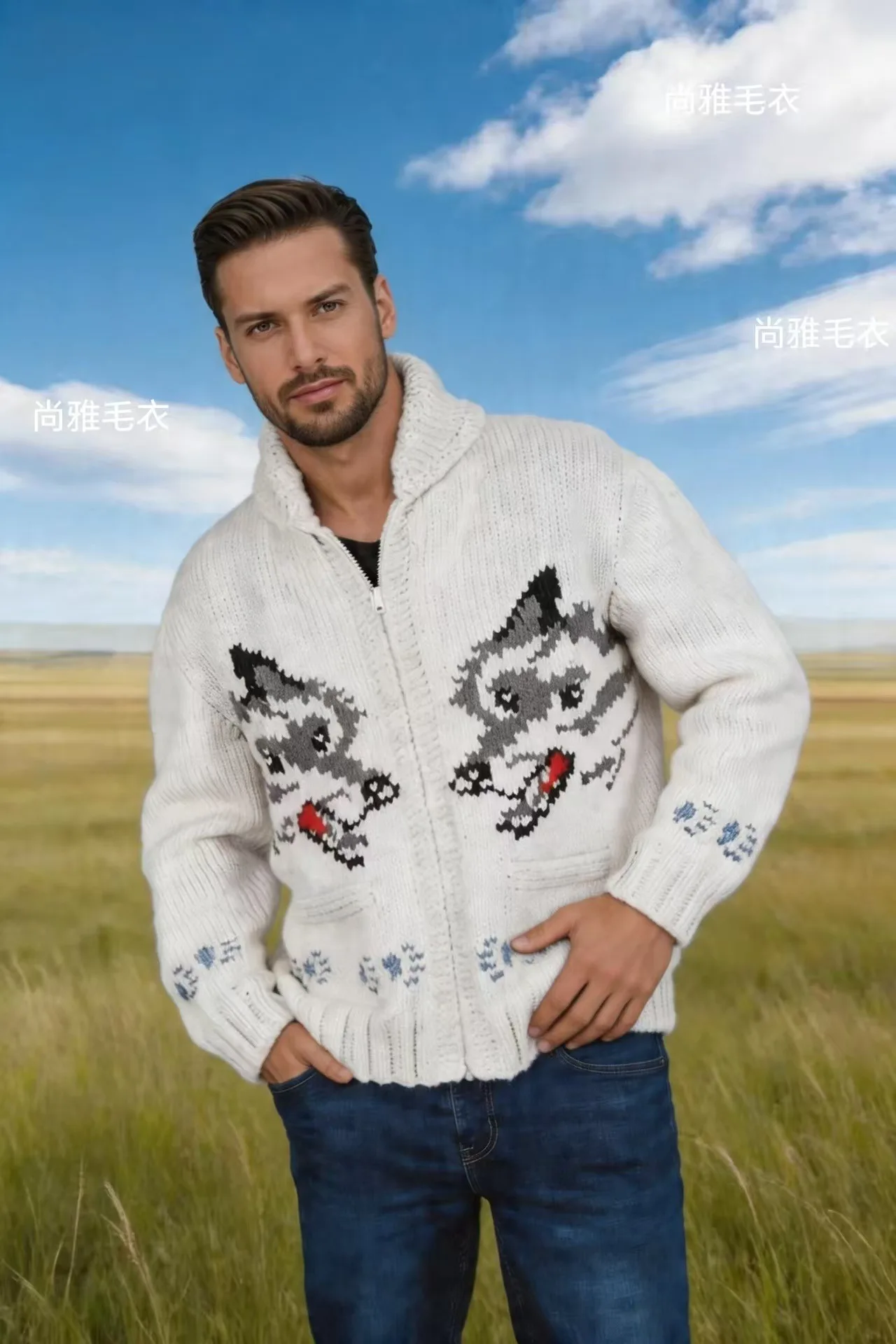 Men's Fox Plaid Knitted Sweater Blazer for Spring 2026 - Thick Knit with Zipper Closure Loose and Comfortable Style