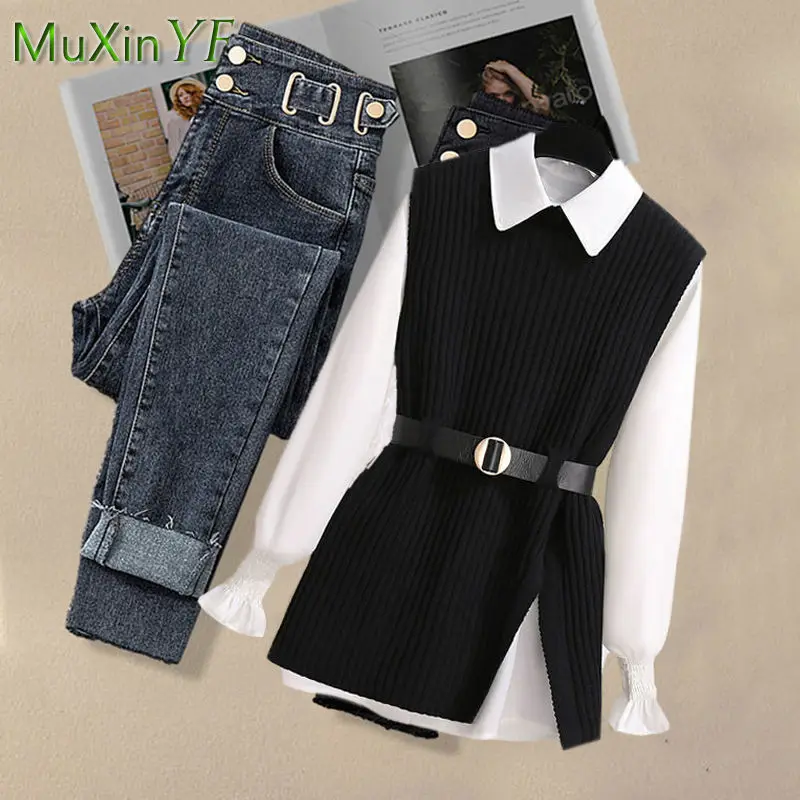 2024 Spring New Korean Elegant in Matching Set Women\'s Fashion Knitted Vest+Shirt+Jeans Three Piece Female Chic Denim Pants Suit