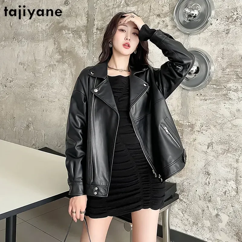 Tajeyane-chaqueta de cuero genuino para mujer, abrigo suelto de piel de oveja, chaquetas cortas de motocicleta, prendas de vestir de calle, SGG, 2023