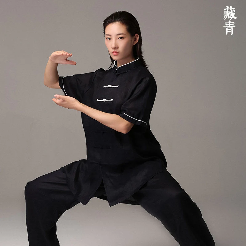 Linen Short Sleeve Tai Chi Uniform for Women Men Spring Summer Martial Arts Performance Competition Color Block Wear