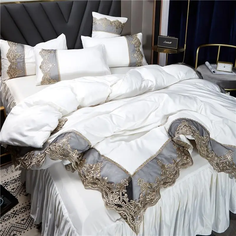 

Princess Style Bedding Set with Lace Trim Ice Silk Washed Silk Bed Sheet Skirt White Bed Cover Quatrain Other Season Winter