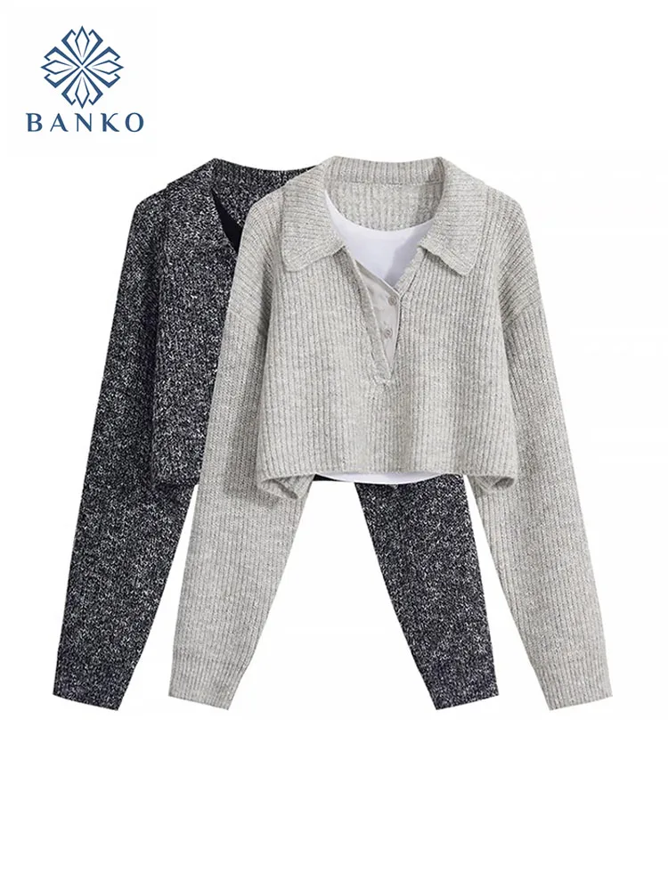 Abiti di alta qualità Set da 2 pezzi Office Lady Casual Semplice canotta Accogliente + Colletto a polo Pullover solido Autunno Inverno Stile preppy