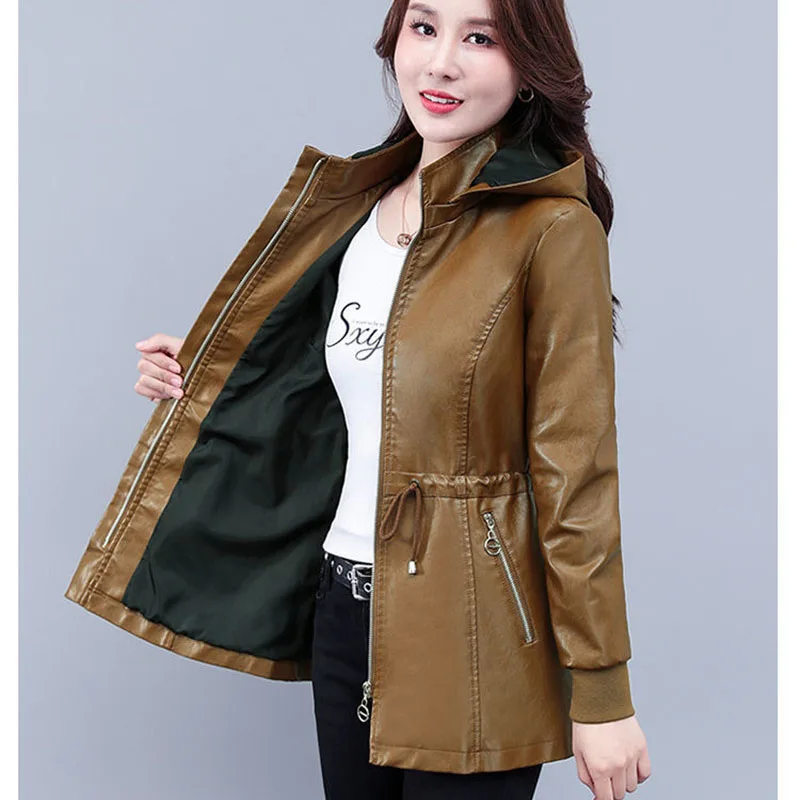 

Autumn Women's PU Leather Coat Spring Fashion Hooded Motorcycle Jacket Female Casual Zipper Faux Leather Windbreaker 4XL