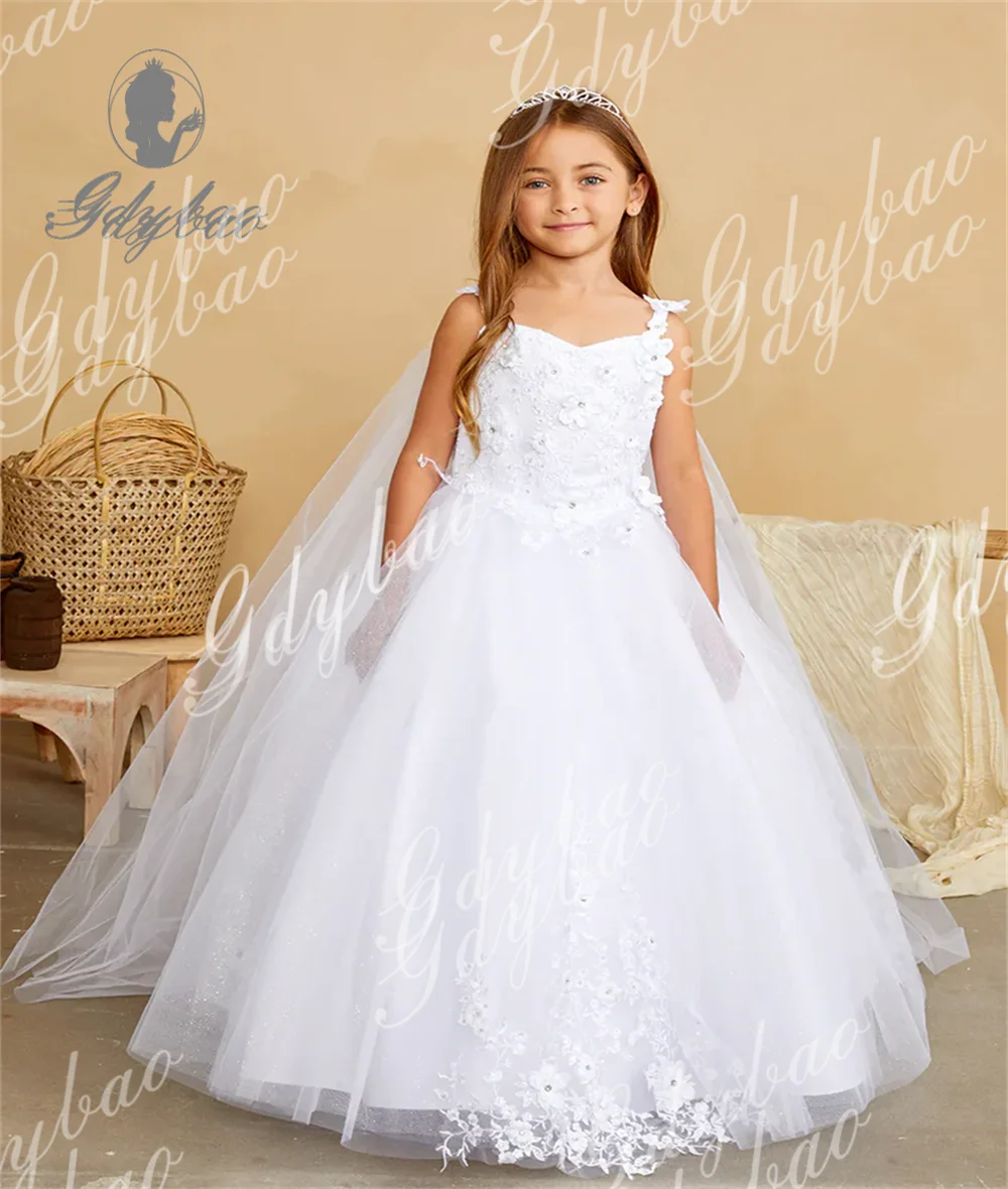 Light Champagne Tulle Prom Flower Girl Dress For Wedding  Applique Elegant Baby Kids Birthday Party Ball First Baptism Gowns