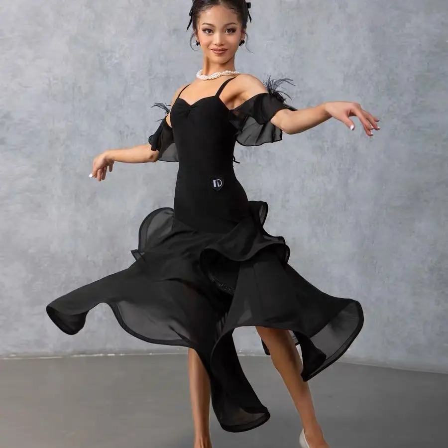 Girls New Modern Dance 2-Piece Outfit Standard Ballroom Double Flared Skirt Chiffon Layered Hem Kids Waltz Tango Practice Attire