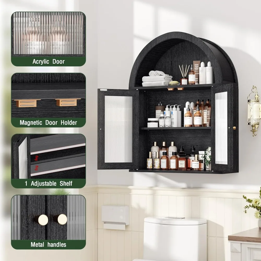 خزانة طبية مقوسة للحمام، وحدة تخزين فوق المرحاض مع أبواب أكريليك بتصميم مموج ورف قابل للتعديل، Roman Sty