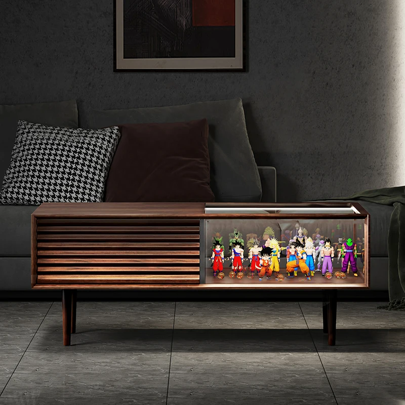 

1Nordic Solid Wood Glass Display Coffee Table Black Walnut Ribbon Light Multifunctional Locker Lego Ins Style