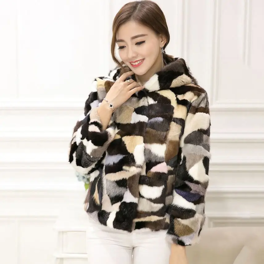 100% Genuine real natural mink fur coat hooded collar women's fashion multi-color colorful winter jacket