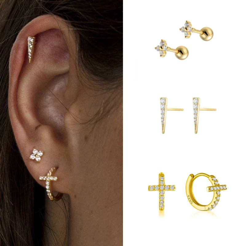 Fashion Simple Zircon Flower Cross Small Hoop/Stud  Earrings for Women Teen Piercing Punk Party Jewelry Accessories Pendientes