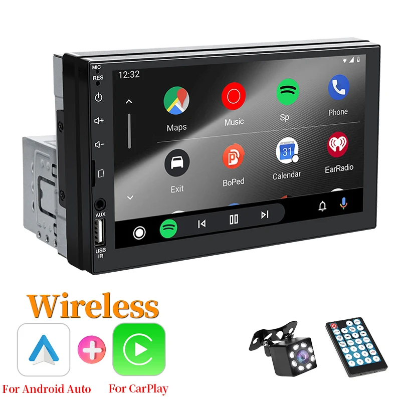 HIPPCRON 1DIN Autoradio 7 inch Draadloze Carplay & Android Auto Multimedia Speler IPS Touchscreen FM AUX Ingang BT5.1 Autoradio