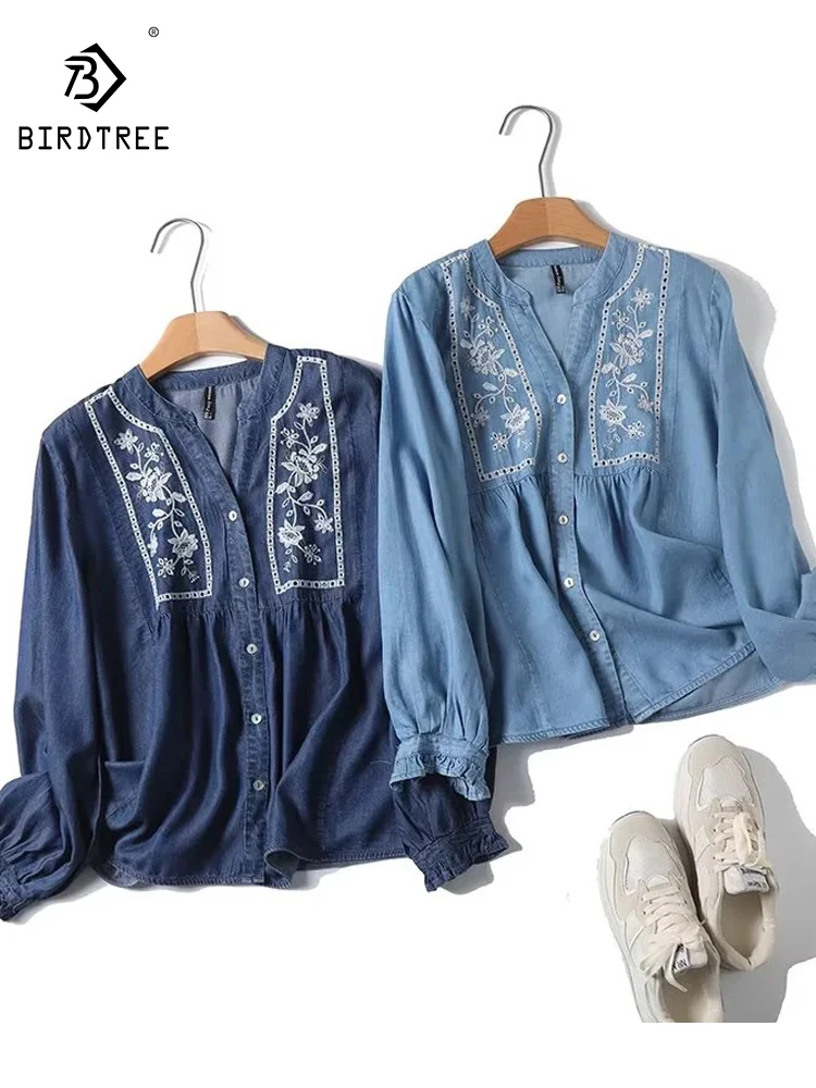 

New 2025 Autumn Long Sleeve Tence Denim Shirt, Women V Neck Embroidery, Mori Girl French Retro Temperament Loose Blouse T56233CC