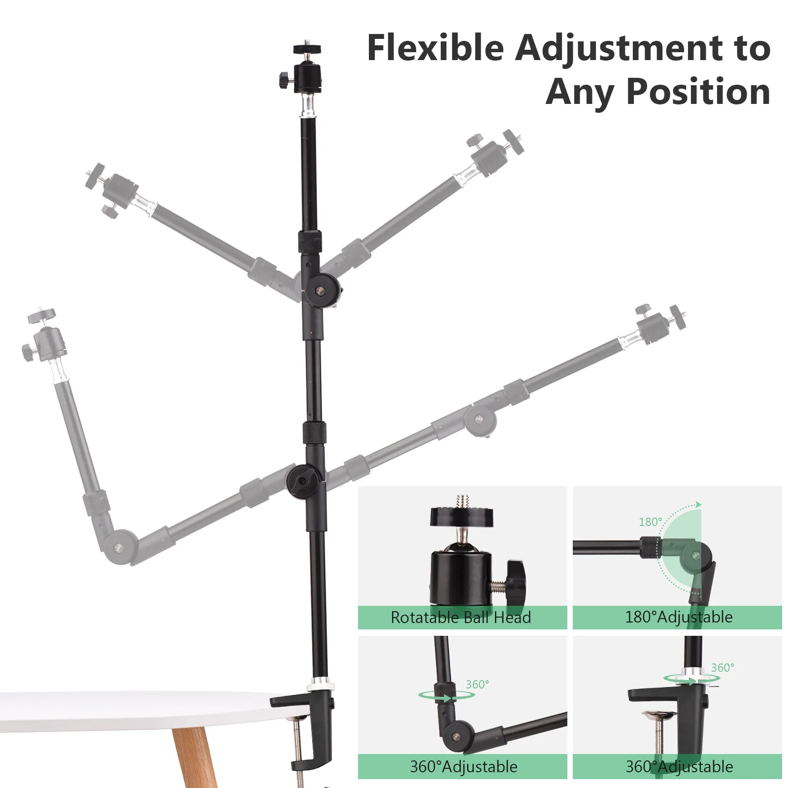 Andoer ST-01 Flexible Foldable Desk Mount Stand Metal Bracket with 1/4 Inch Screw Ballhead Adapter 3kg Load Capacity for Fill