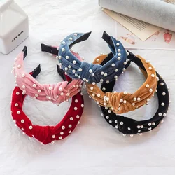 Pearl Knot Solid Fabric Headbands Ladies Velvet Denim Beads Hairbands Fashion Hair Bands Hoops Hair Accessories for Women Girls