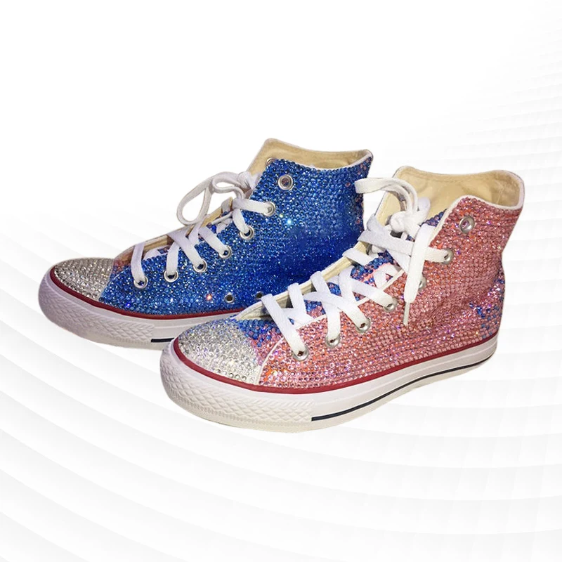 Double spell blue pink high-top canvas shoes comfortable walking sneakers comfortable handmade rhinestone vulcanized shoes 35-46