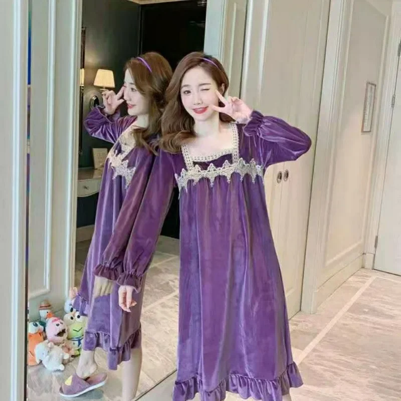 Pajamas Long sleeve Spring Autumn Cute online celebrity Canary velvet loose loungewear palace style nightdress sleepwear women