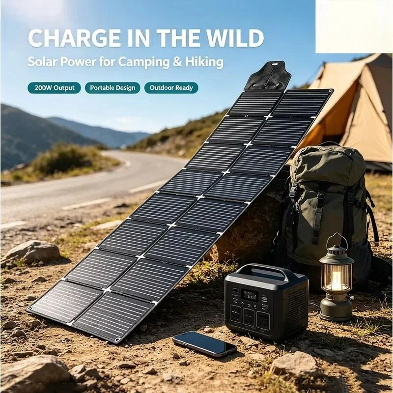 Solar Panel 200W Portable Foldable - Trucell 200W 折りたたみ式ソーラーパネル。変換効率22%、単結晶シリコン製、軽量で持ち運び可能。キャンプやRVでの使用に最適。色はグレー。