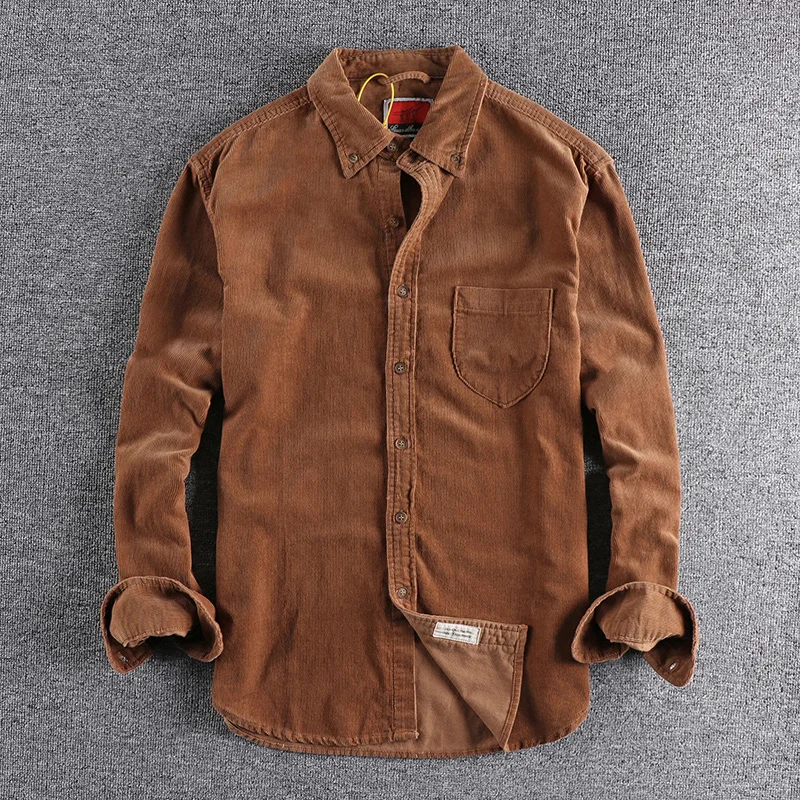 Spring and Autumn New American Retro Corduroy Solid Color Cargo Shirt Men\'s Pure Cotton Long-sleeved Pocket Casual Blouses Coat