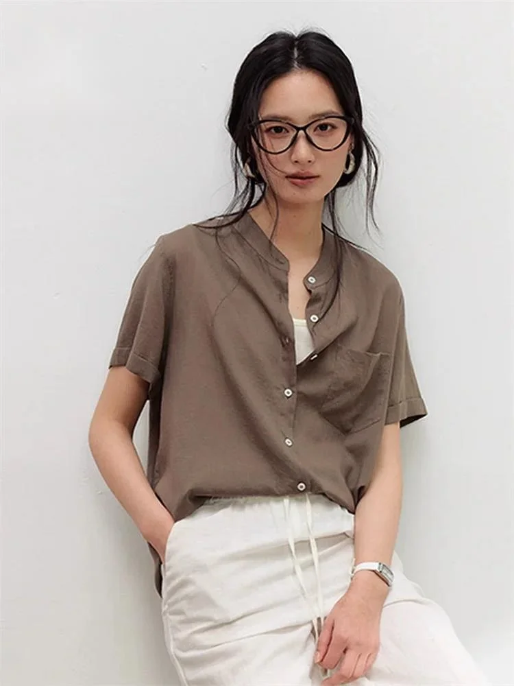 Chemisier décontracté en soie et lin, manches courtes en lyocell, avec poche, léger, polyvalent et confortable, pour femme, été, style simple pour le quotidien