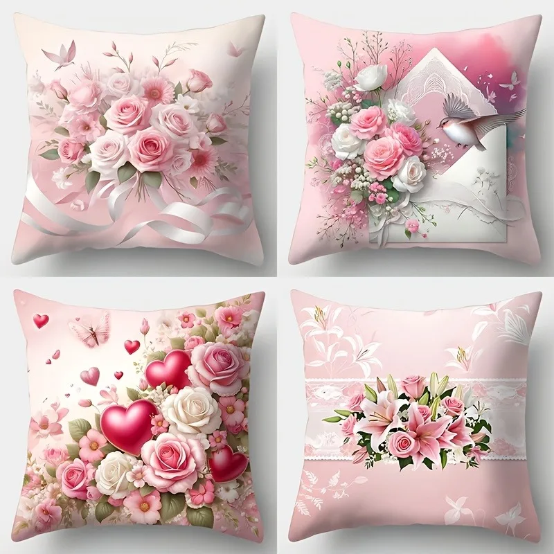 

Elegant Pink Floral & Heart Pillowcase: Romantic Rose Pattern Cushion Cover for Sofa Bedroom Home Decor