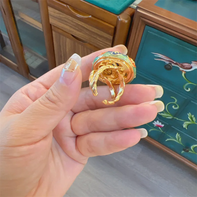 Vintage Enamel Adjustable Ring 18K Gold Plated Floral Gemstone Women\'s Luxury Dinner Jewelry