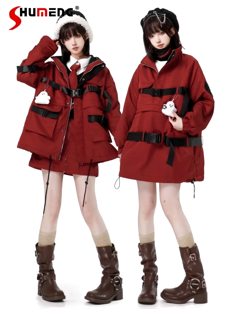 

Winter New Warm Thickened Safari Style Parkas Women's Christmas Loose Sweet Zipper Cotton Padded Jacket Red Short Skirt Y2k Top