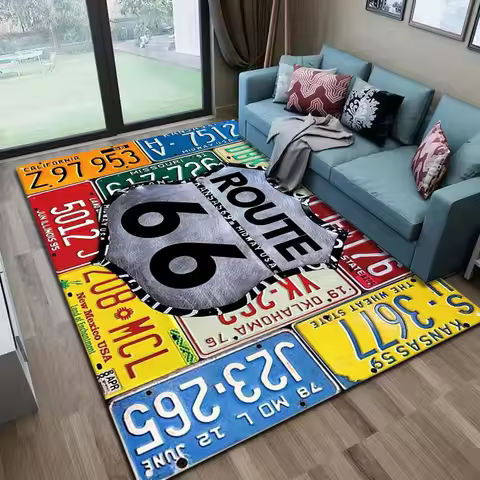 Route 66 License Plate Design Area Rug Durable Polyester Home Decor Living Room Floor Mat Unique Gift Idea