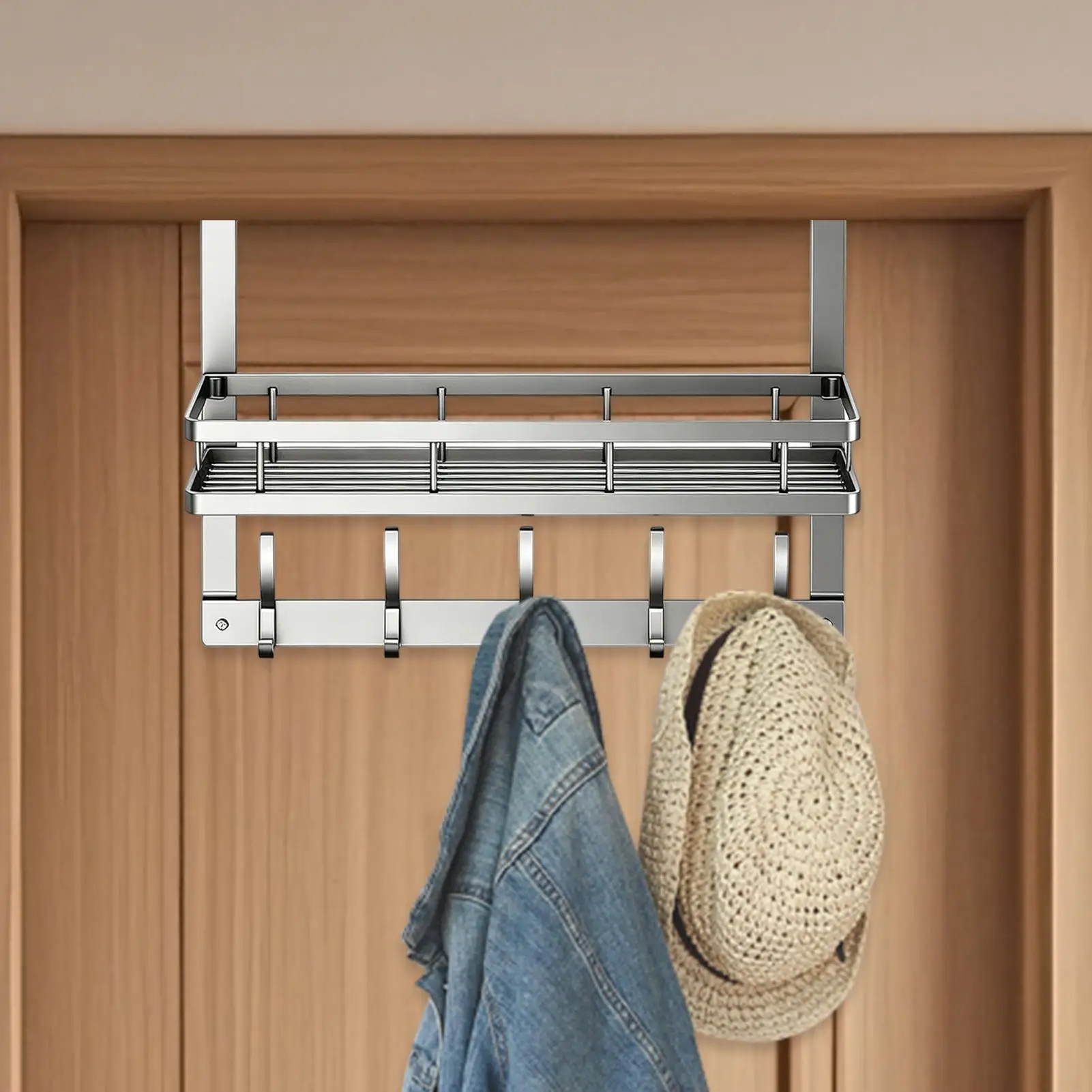 

Over The Door Organizer with Basket and Hooks Heavy Duty Carbon Steel Hanger Door Towel Rack for Clothes Bag Key Robe Coat Towel