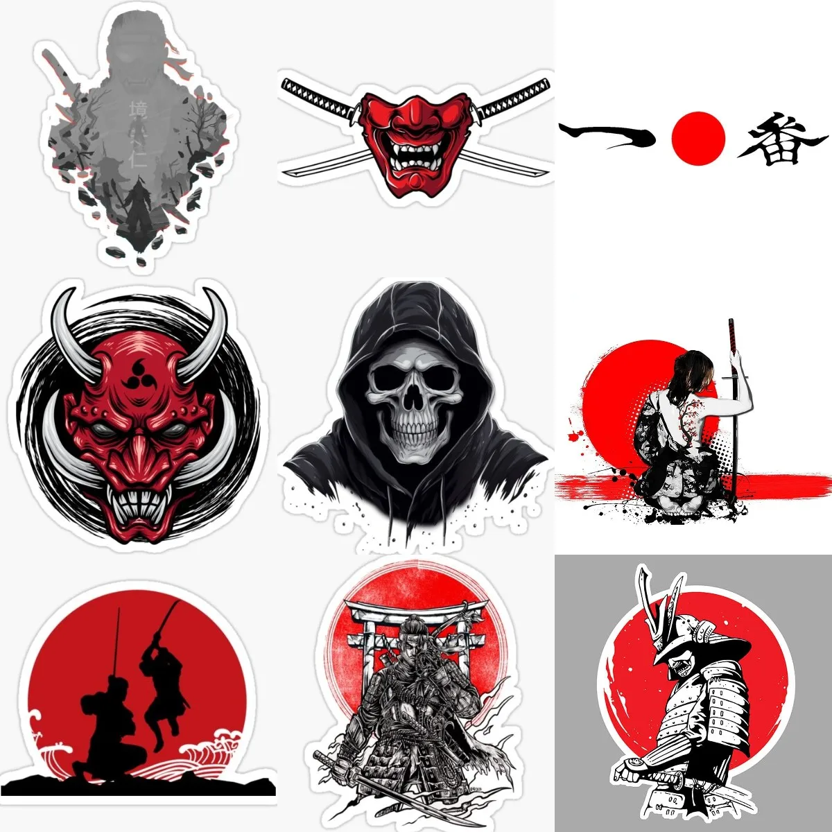 Red Sun Demon Samurai Sticker for Covered Scratch Decorate Motorcycle Car Bumper Wall Bicycle Fridge Helmet Customizable Picture