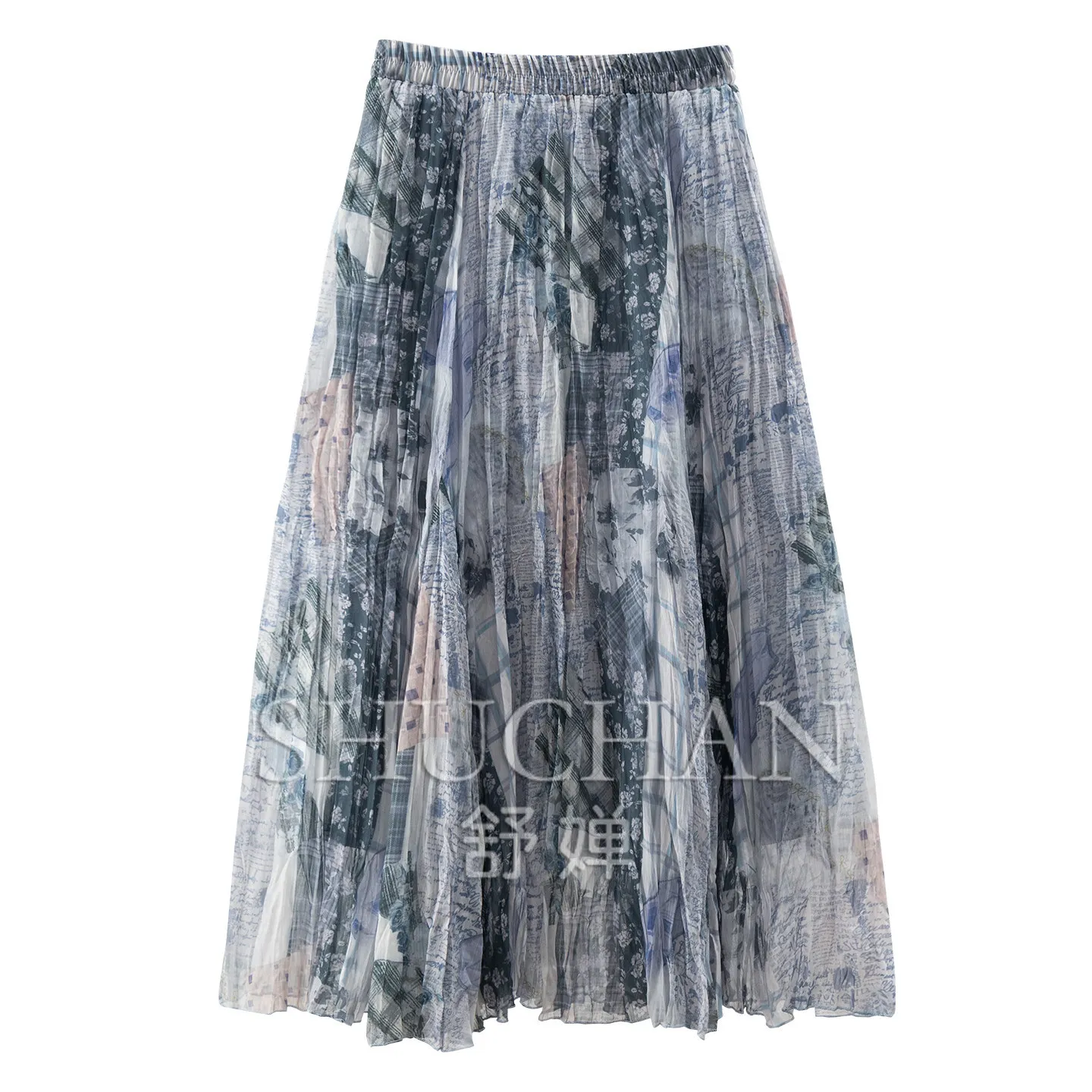 Fragmented shadow pleated air method cabinet elastic high waist 4 meters large pendulum pleated printed skirt women 68M9