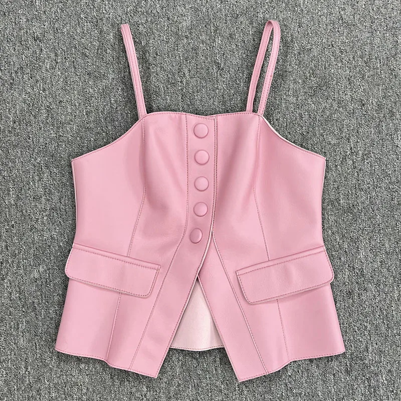 Top corto de cuero auténtico para mujer, Tops de tubo con corsé y hombros descubiertos, chaleco sin espalda para mujer, Top Sexy con tirantes, camiseta sin mangas JFC11-24006