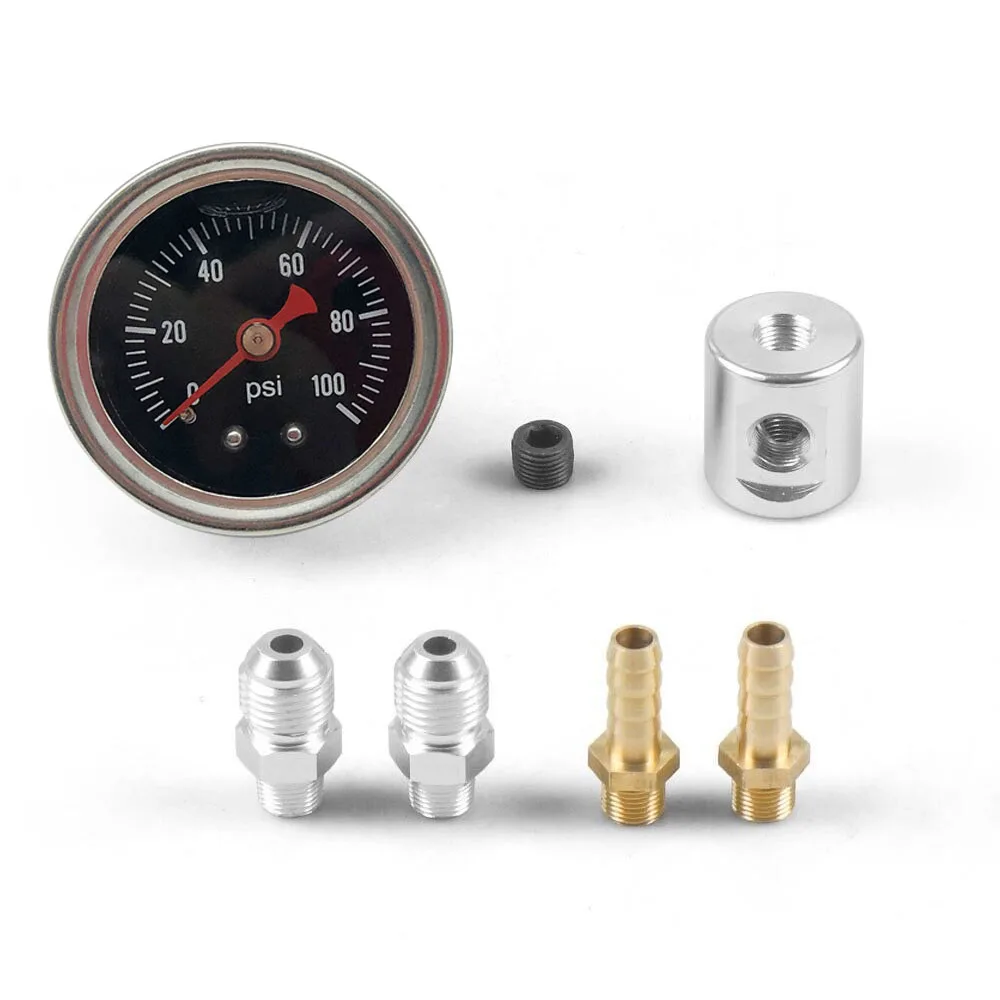 Universal 1/8 NPT Fuel Pressure Gauge 0-100psi  Liquid Filled Polished Case and Adaptor Kit for Fuel Injection Systems