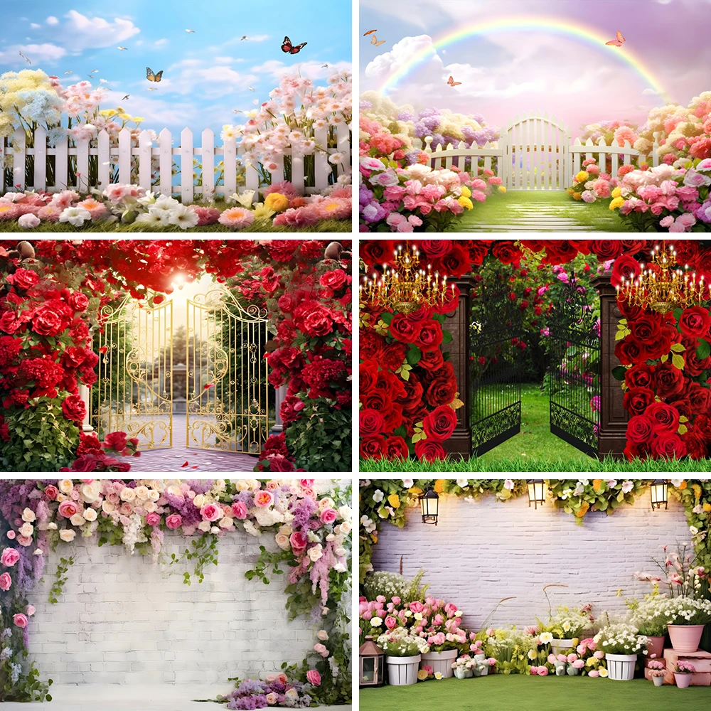 Rose Arch Wedding Photography Backdrop Spring Garden Fence Grass Adult Birthday Party Photo Zone Background Cake Table Decor