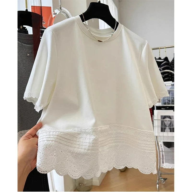 

Lace Patchwork Short Sleeved T-shirt for Women 2025 New Niche Casual Top Shirts