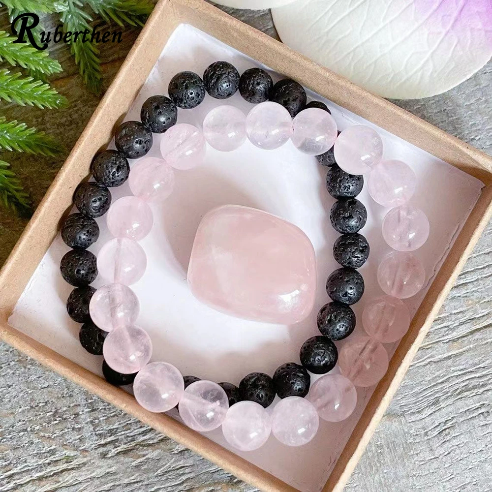 Ruberthen 6 MM Rock Lava Stone 8 MM Madagascar Rose Quartz Bracelet Womens Beaded Gemstone Essential Oil Aromatherapy Jewelry