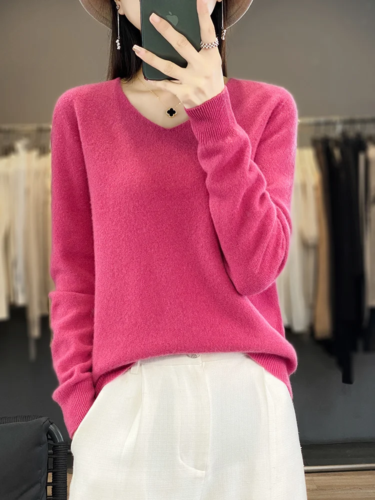 Spring Autumn Women 100% Merino Wool Sweater V-Neck Pullovers First Line Seamless Basic Casual Top Cashmere Female Clothing