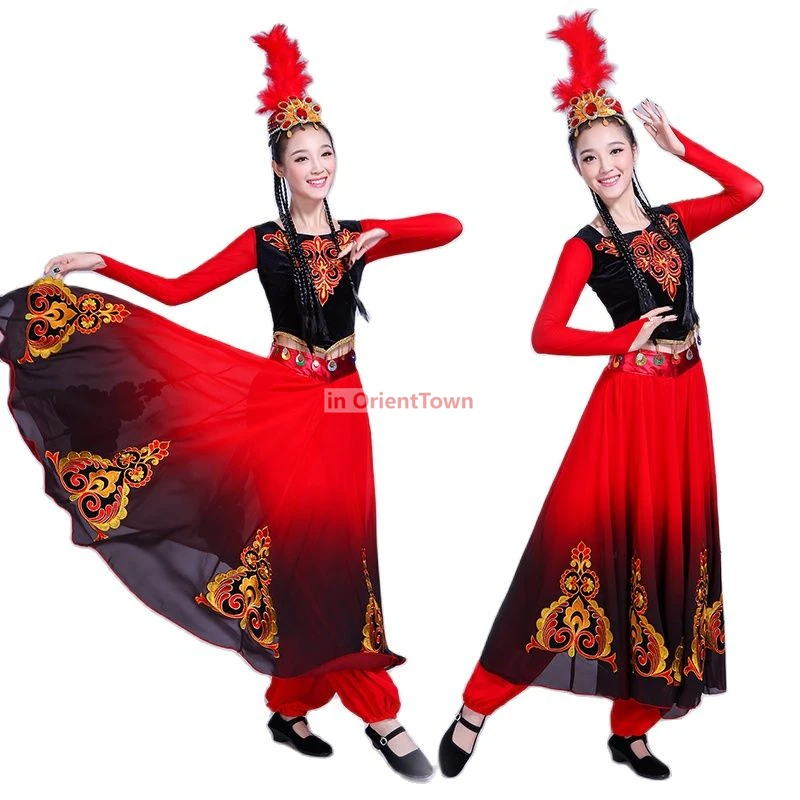 Chinese Folk dance costume Vintage Ethnic dress Red Xinjiang Uygur dance clothing national performance stage wear for singers