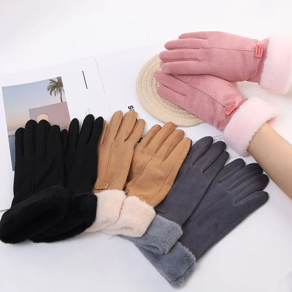 Women Winter Gloves Warm Cashmere Cute Fur Mittens Suede Outdoor Thicken Plush Glove Windproof Cycling Full Finger Gloves Screen