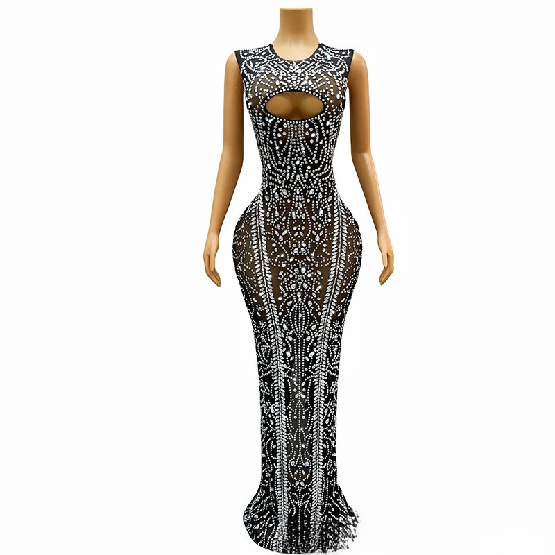 

2025 Sexy Hollow Premium Black Rhinestone Shining Dress Performance Costume Female Singer High-end Clothing Annual Meeting Dress