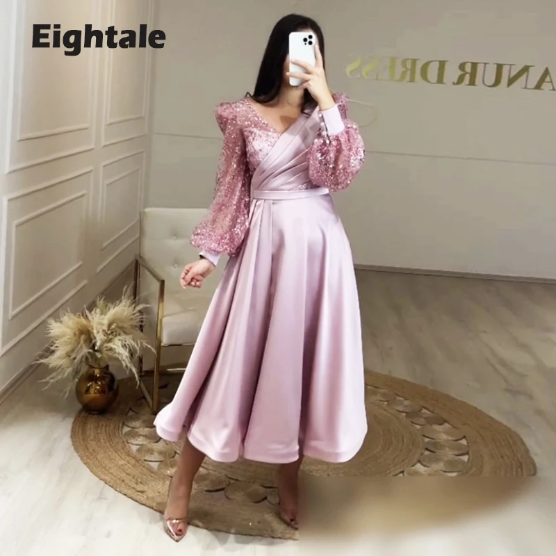 

Eightale Pink Evening Dress for Wedding Party Satin V-Neck Long Puffy Sleeves Glittler Short Arabic Elegant A-Line Prom Gowns