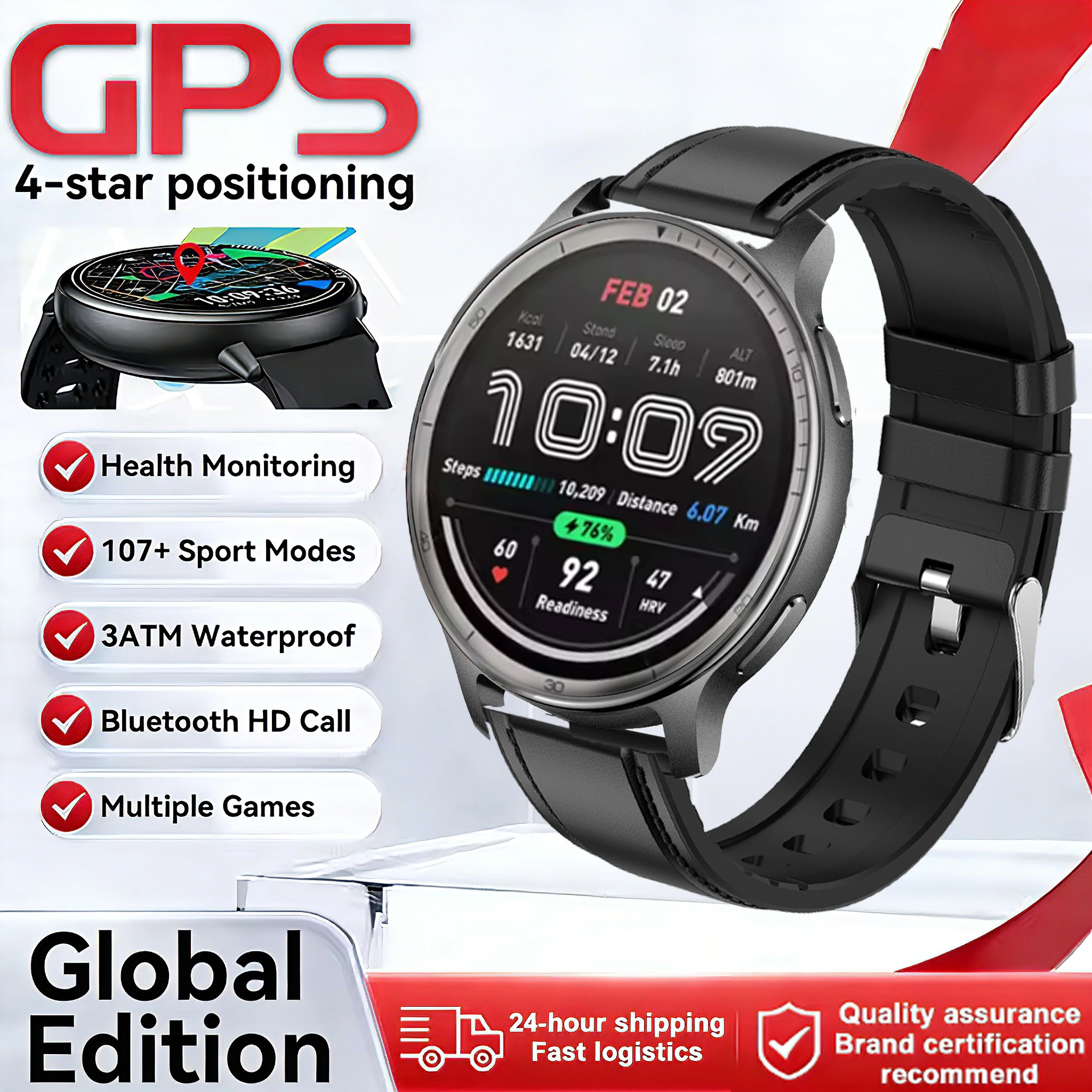 

New 2026 Men's GPS Smart Watch with 3ATM 360*360 AMOLED Screen Bluetooth Calling Heart Rate Monitor IP68 Waterproof for Active 2