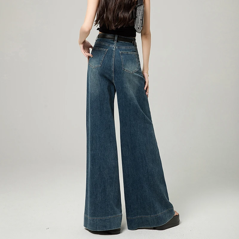 Wide-leg jeans for women American retro summer new high-waisted loose-slimming flared floor culottes