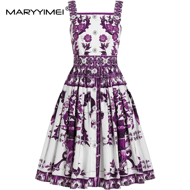 

MARYYIMEI Fashion Women's New Dress Sexy Spaghetti Strap Backless Baroque Print Cotton Button Dresses