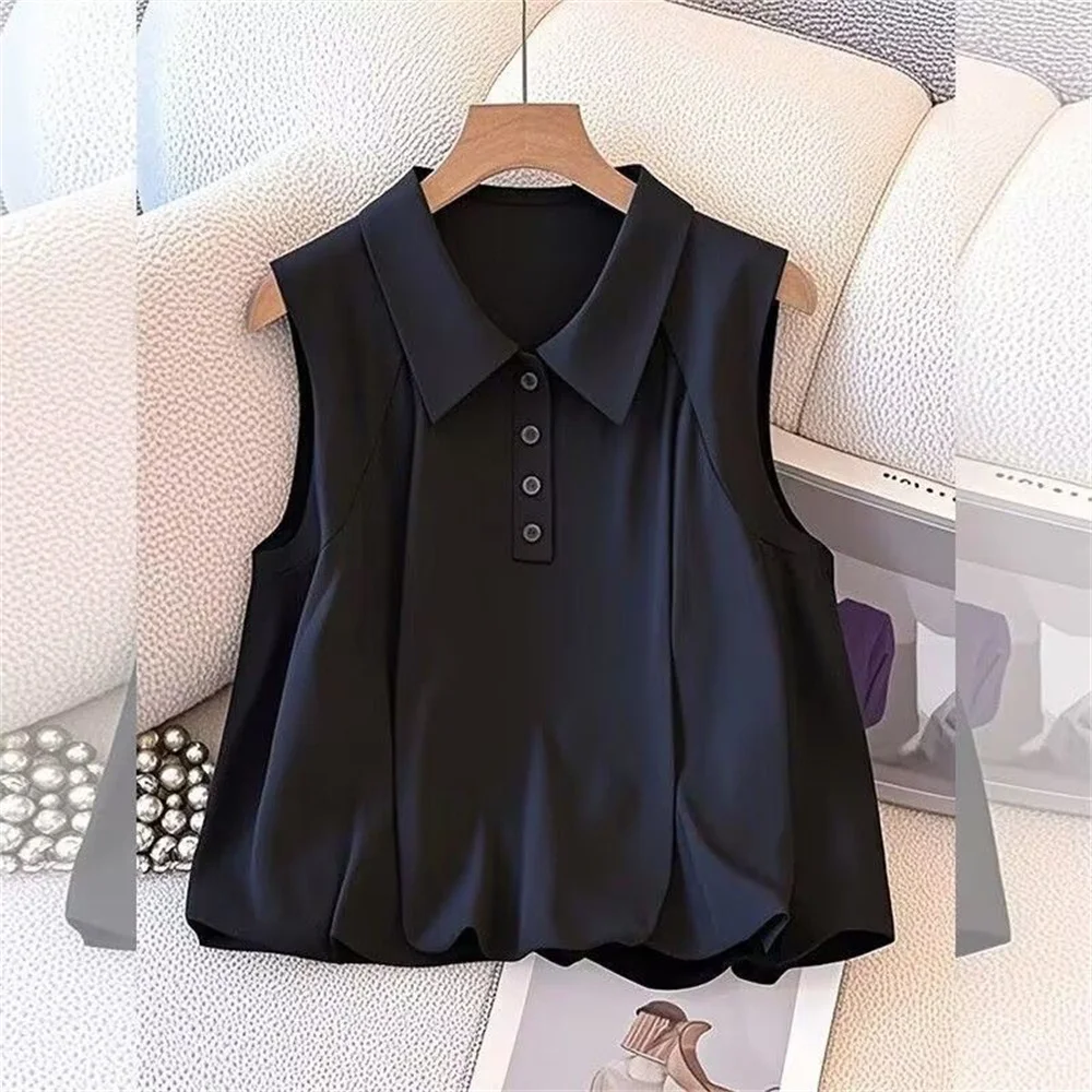 

Women's Fashion Button Pleated Sleeveless Blouse 2026 Summer New Vintage Casual Short Tops Turn Down Collar Black Shirt Blouse