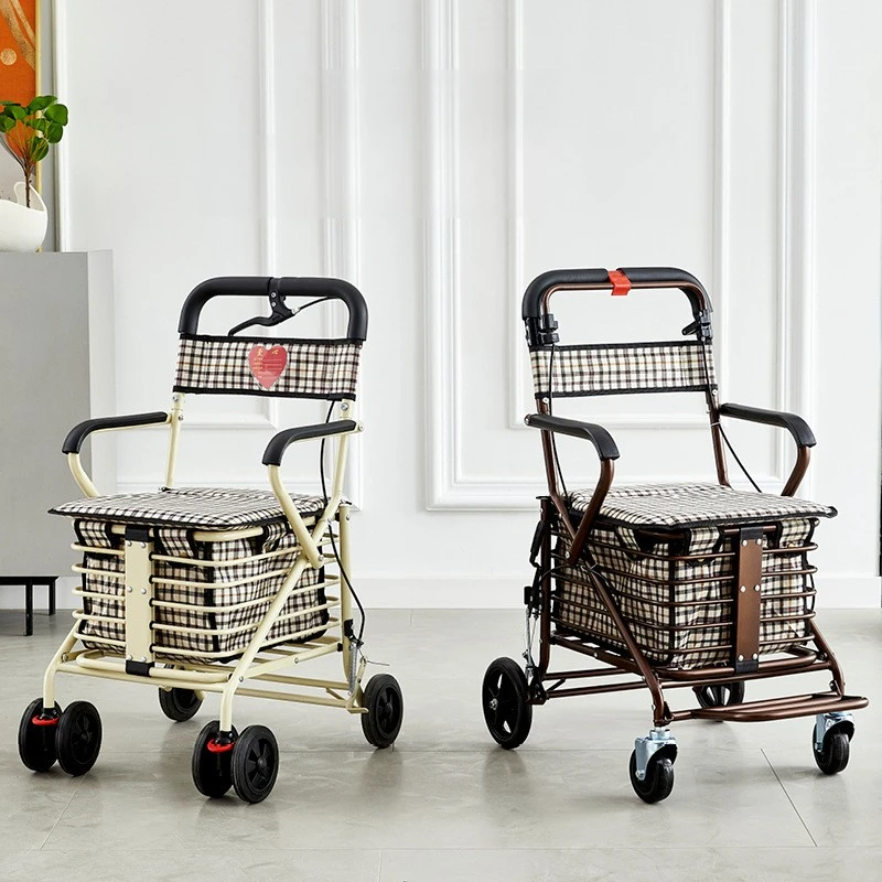 ‌Foldable Shopping Cart with Seat,4-Wheel Senior Walker, Portable Grocery Trolley with Hand Brake, Ergonomic Pulling Handle