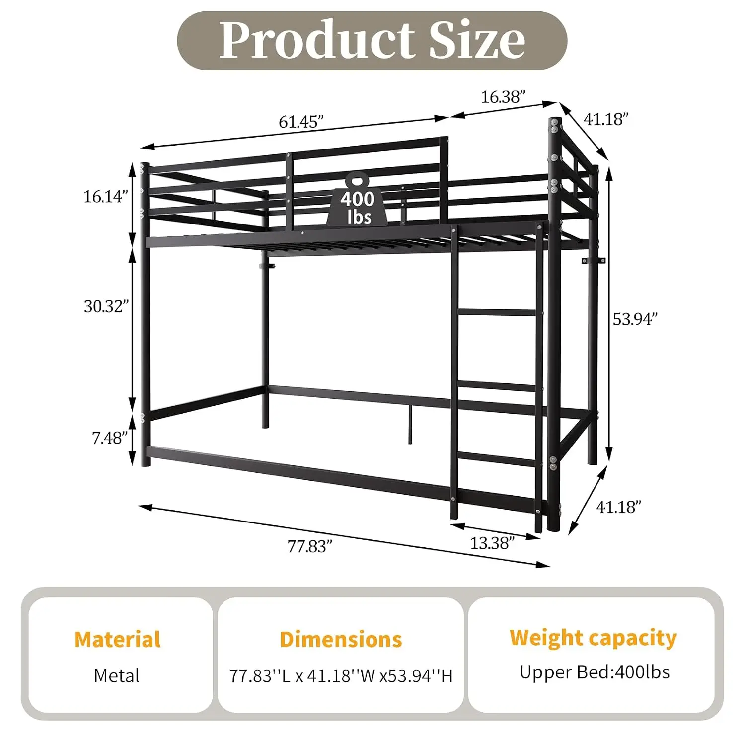 Twin Metal Loft Bed with Four Lower Connecting Rails, Ladder and 16.14 in. Guardrails, 400 lbs Capacity, 19 Slats
