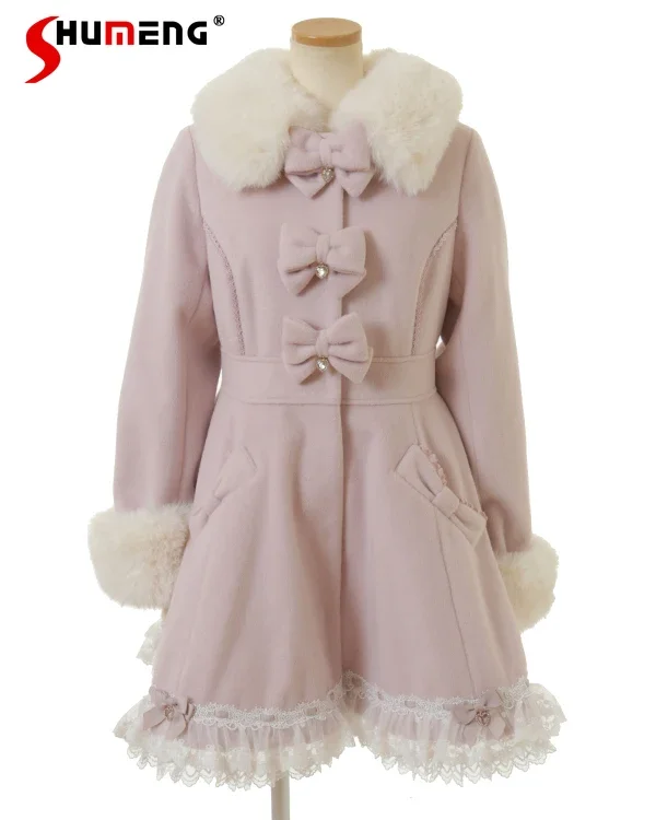 

Japanese Mine Style Mass-produced Sweet Lolita Woolen Coat Women's Bow Fur Collar Mid-Length A-Line Overcoat Autumn and Winter