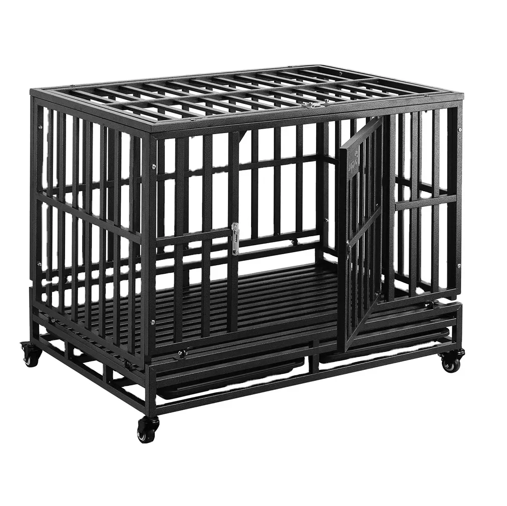 Box Durable Large Black Metal Pet Kennel Dog Crate Outdoor Large Pet Dog Cage With Pulleys Can Be Moved