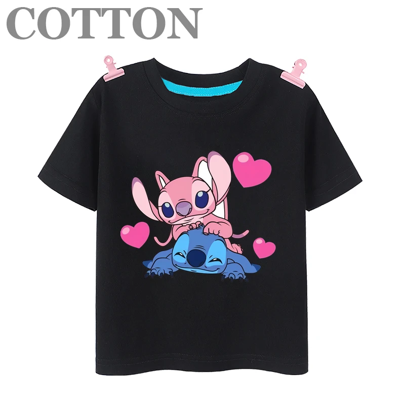 Disney Stitch Anime Summer Multiple Fashion Cotton Children\'s T-shirts Round Neck Casual Short Sleeve Print Pattern