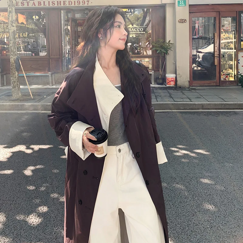 

SuperAen, осень 2024, новый модный фиолетовый плащ для женщин, корейский повседневный длинный плащ с воротником-стойкой и оверсайз на талии