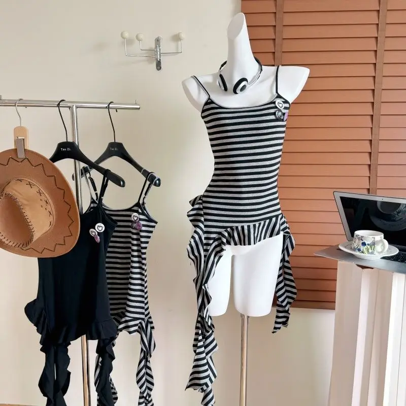 

Kimotimo American Retro Ribbon Striped Camisole Vest Women 2025 Summer Sexy Slim Fit Y2k Aesthetic Sleeveless Tank Top Outfits